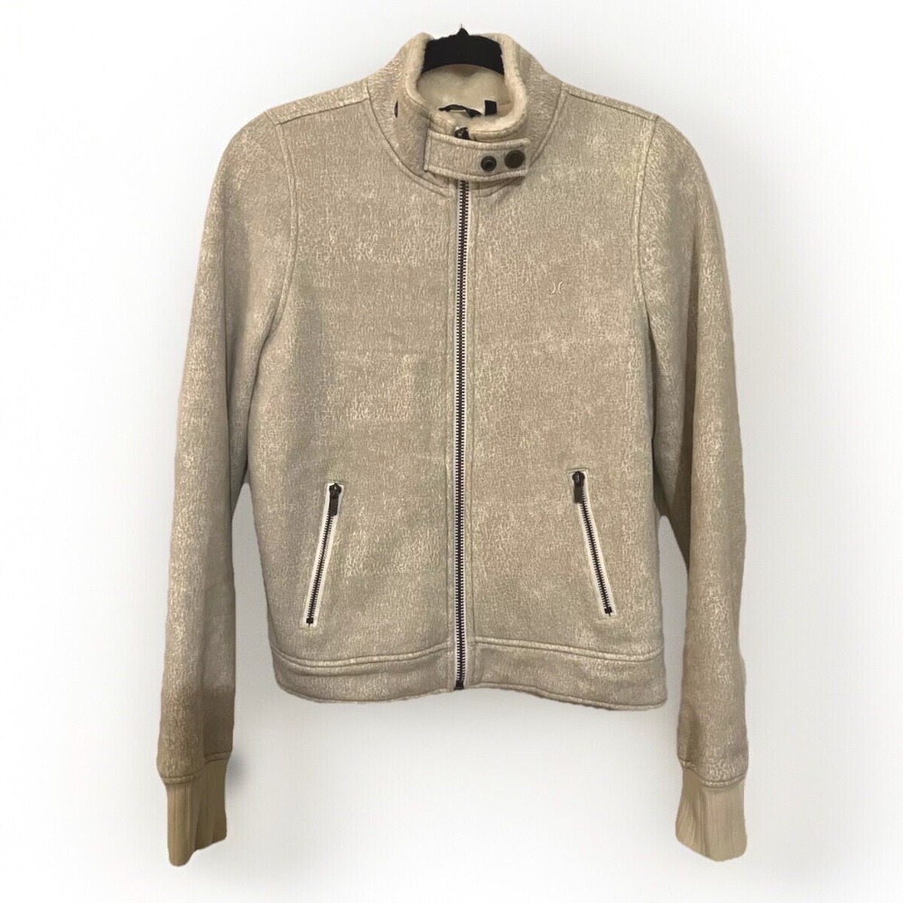 Hurley Ladies Fleece Fur Jacket Coat Cozy Cream Tan Small EUC Cabincore Short
